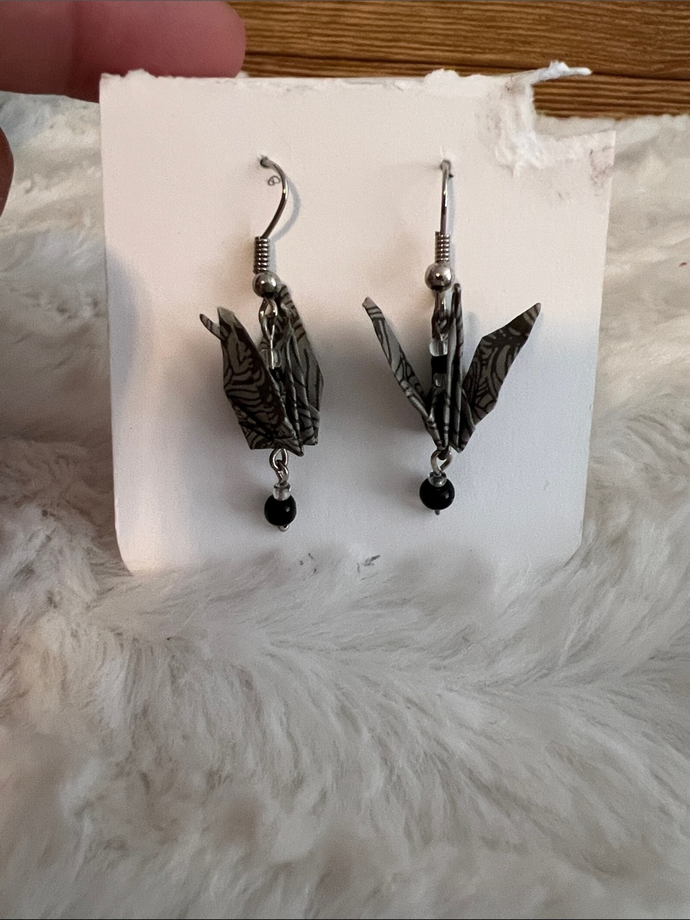 Handcrafted Origami Crane Drop Earrings - Black & Silver Accent